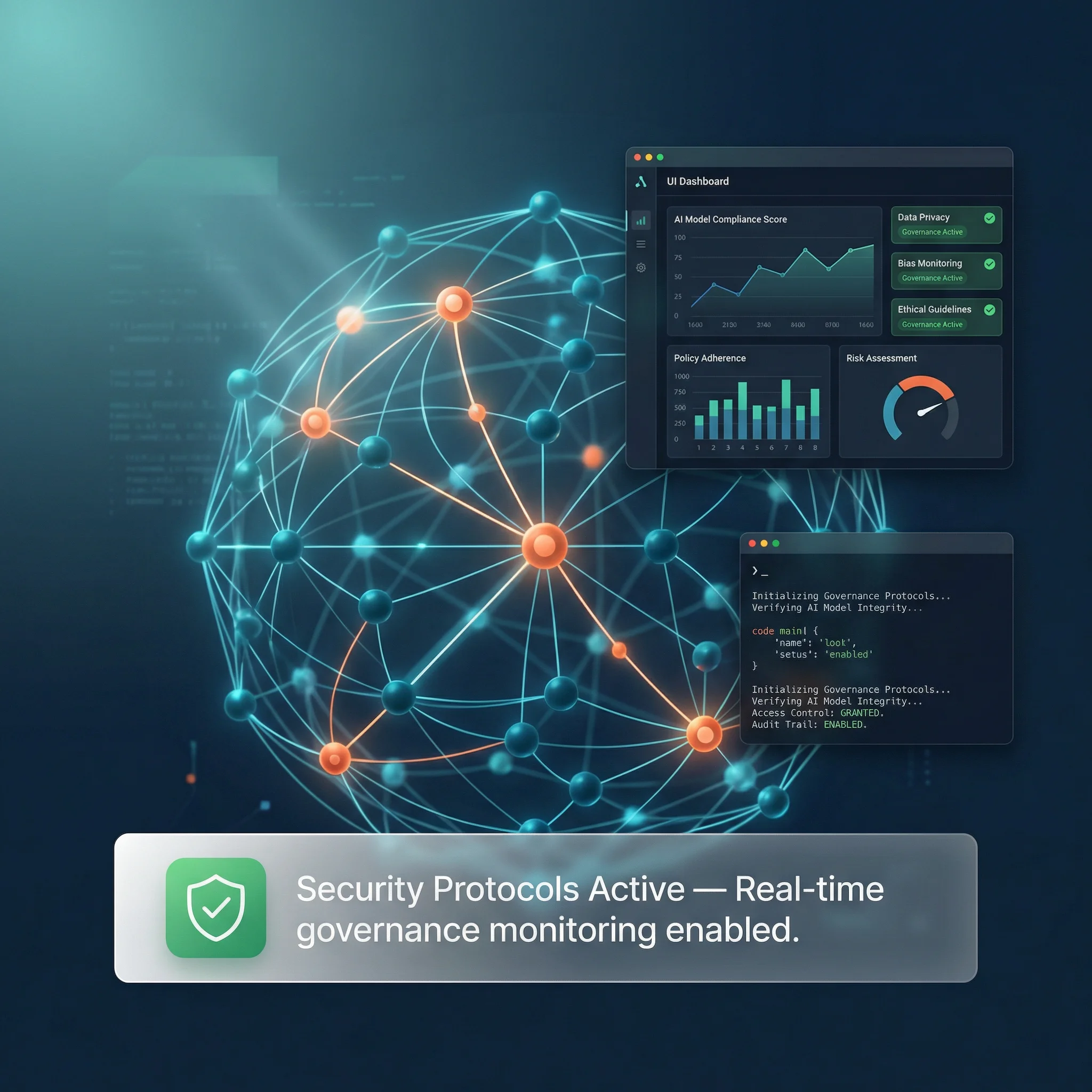 Gorombo AI governance dashboard — real-time security protocols active