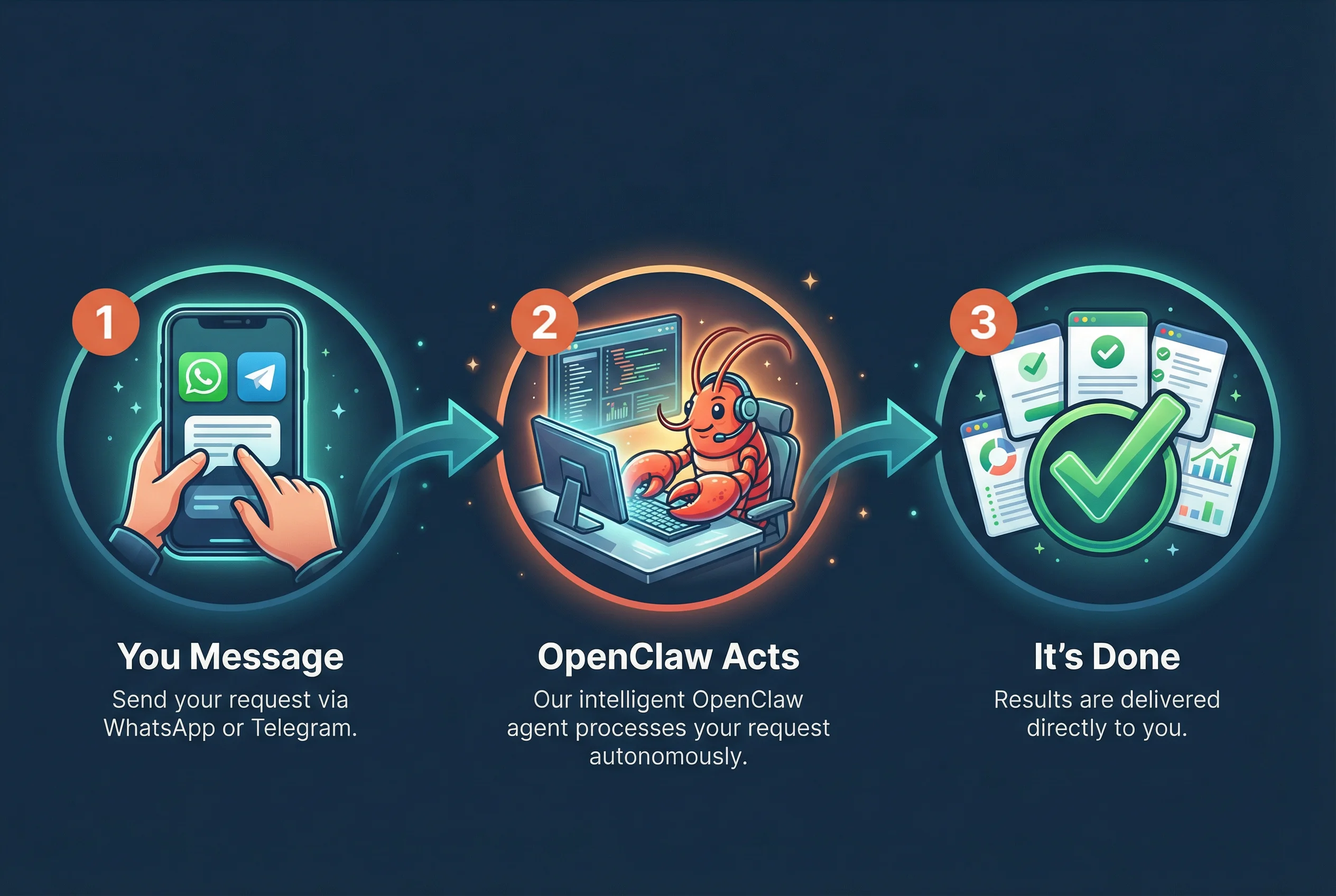Three-step process: You Message, OpenClaw Acts, It's Done